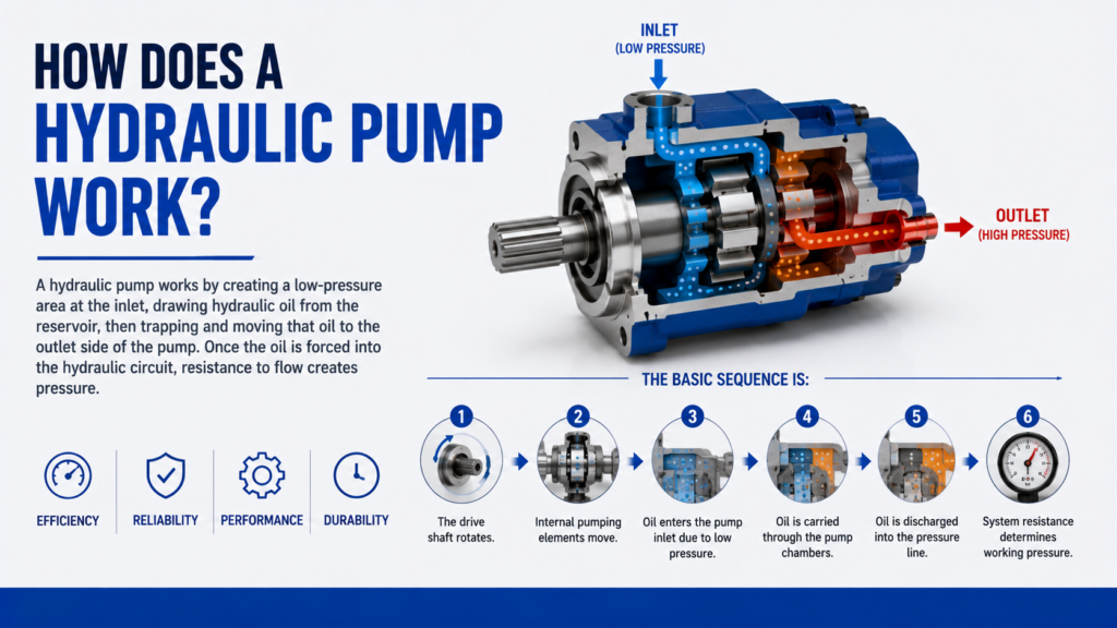 How Does a Hydraulic Pump Work? 1.The drive shaft rotates. 2.Internal pumping elements move. 3.Oil enters the pump inlet due to low pressure. 4.Oil is carried through the pump chambers. 5.Oil is discharged into the pressure line. 6.System resistance determines working pressure.