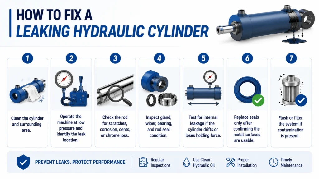 How to Fix a Leaking Hydraulic Cylinder 1.Clean the cylinder and surrounding area. 2.Operate the machine at low pressure and identify the leak location. 3.Check the rod for scratches, corrosion, dents, or chrome loss. 4.Inspect gland, wiper, bearing, and rod seal condition. 5.Test for internal leakage if the cylinder drifts or loses holding force. 6.Replace seals only after confirming the metal surfaces are usable. 7.Flush or filter the system if contamination is present.