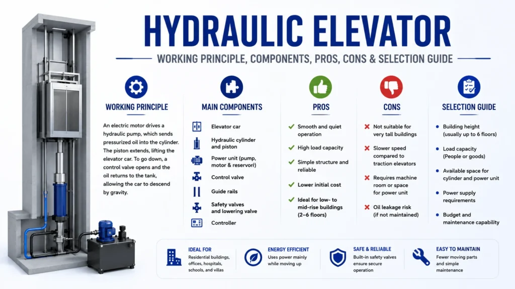 Hydraulic Elevator- Working Principle, Components, Pros, Cons & Selection Guide