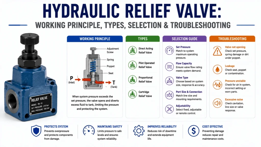 Hydraulic Relief Valve- Working Principle, Types, Selection & Troubleshooting