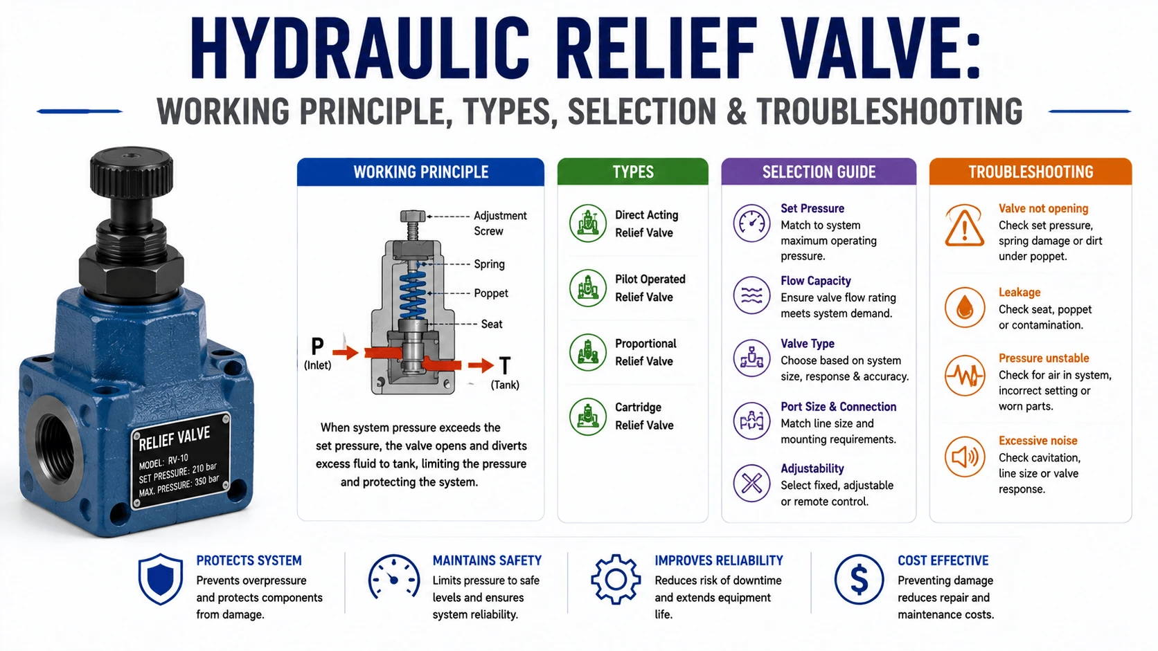 Hydraulic Relief Valve- Working Principle, Types, Selection & Troubleshooting
