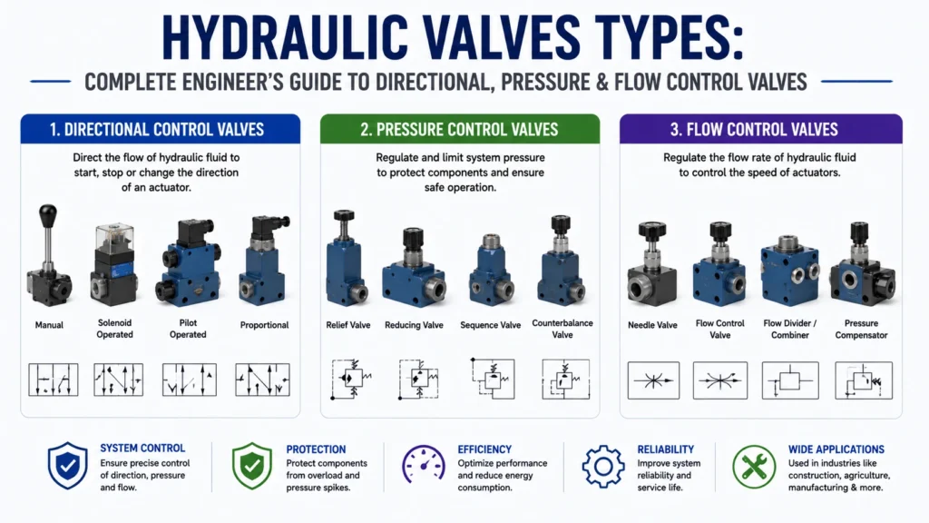 Hydraulic Valves Types- Complete Engineer's Guide to Directional, Pressure & Flow Control Valves
