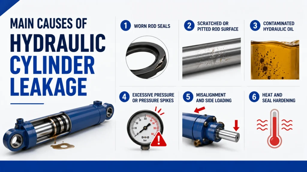 Main Causes of Hydraulic Cylinder Leakage 1. Worn Rod Seals 2. Scratched or Pitted Rod Surface 3. Contaminated Hydraulic Oil 4. Excessive Pressure or Pressure Spikes 5. Misalignment and Side Loading 6. Heat and Seal Hardening