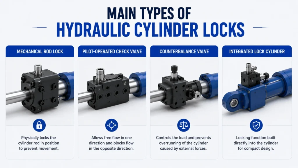 Main Types of Hydraulic Cylinder Locks Mechanical rod lock Pilot-operated checkvalve Counterbalance valve Integrated lock cylinder