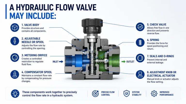 A hydraulic flow valve may include: - Valve body - Adjustable needle or spool - Metering orifice - Compensator spool - Check valve - Spring - Seals and O-rings - Adjustment knob or electrical actuator